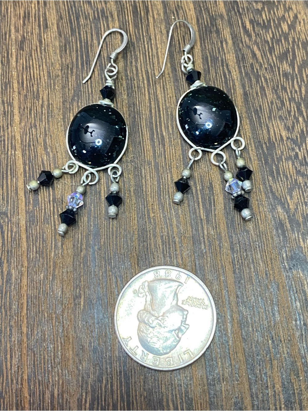 Black Sparkle Cabochon AB Crystal Bead Dangle Earrings with Silver-Tone Accents - Picture 8 of 10